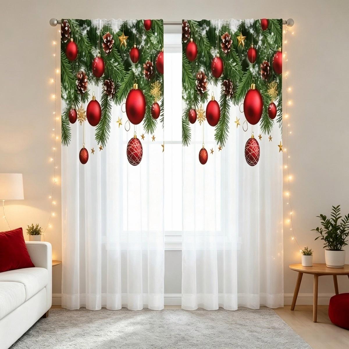 Curtain Rods - Pine Red Ball Print Sheer Curtains,