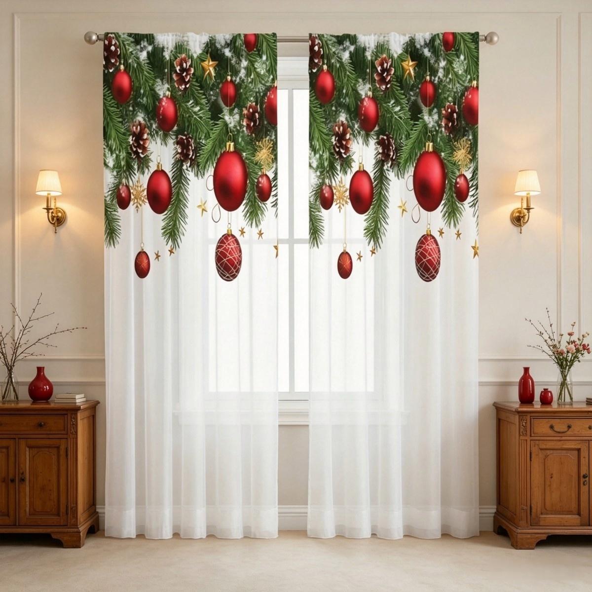Pine Red Ball Print Sheer Curt - огляд і ціна Curtain Rods