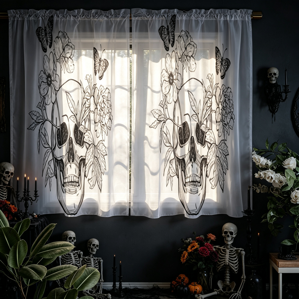 2PCS Skull Floral Print AB She - огляд і ціна Curtain Rods